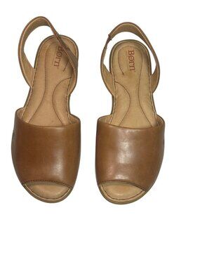 Born Womens Leather Peep Toe Slingback Sandals 8M Tan Flats Comfort Shoes
